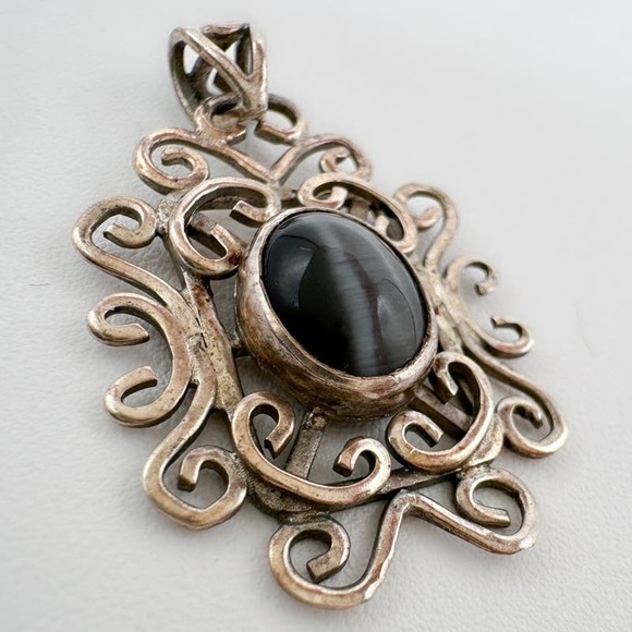 Vintage Sterling Silver 925 Gray Labradorite Filigree Pendant 90s Grunge Celtic - Picture 10 of 12